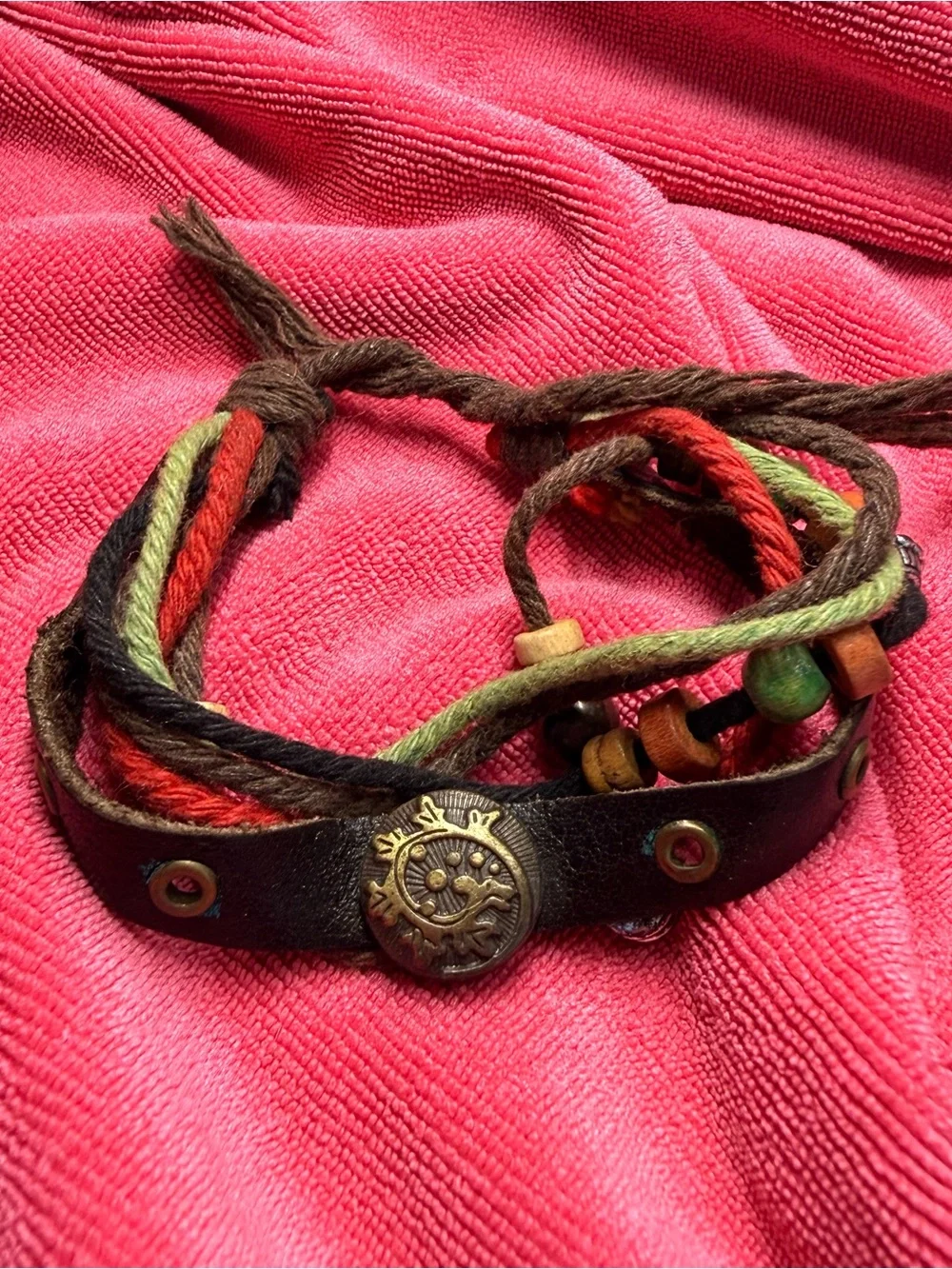 Bohemian Multistrand Beaded Leather Choker - Coral Pink